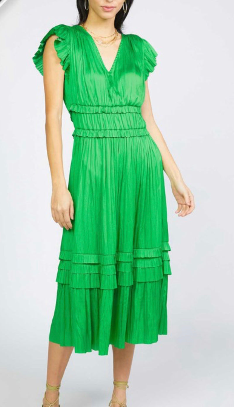 V neck pleated ruffle dress