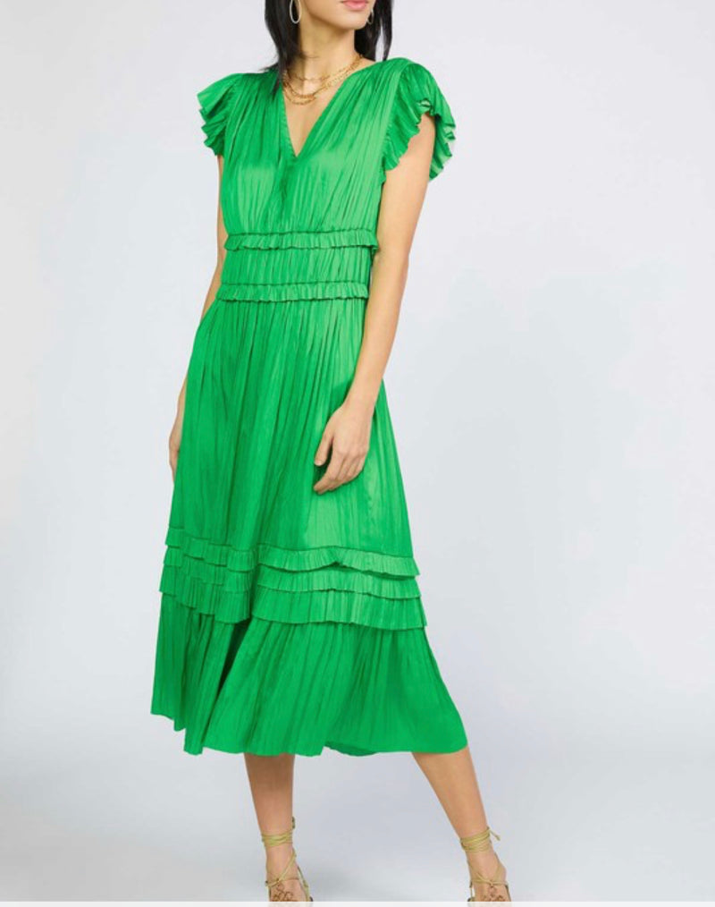 V neck pleated ruffle dress